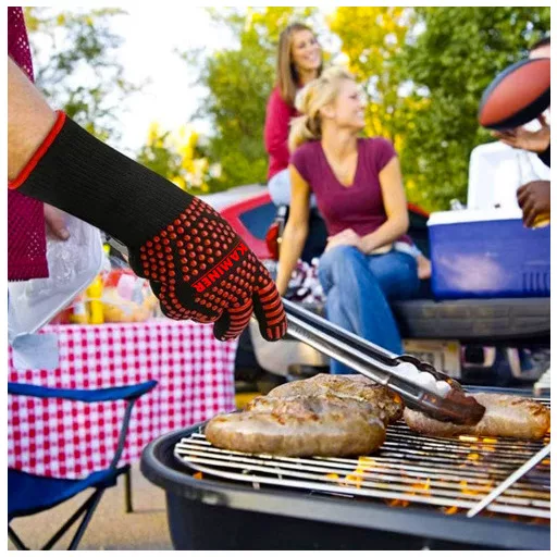 KAMINER 1 pár hőálló grillkesztyű szilikon csúszásgátló mintával, fekete-narancssárga színben