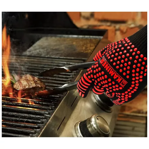 KAMINER 1 pár hőálló grillkesztyű szilikon csúszásgátló mintával, fekete-narancssárga színben