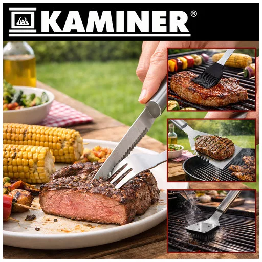 KAMINER 26 részes rozsdamentes acél grill szett hordozható alumínium táskában, steak készlettel