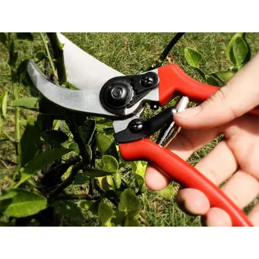 Kovácsolt acél kézi metszőolló, ergonomikus markolattal, biztonsági zárral ágak és cserjék metszéséhez.