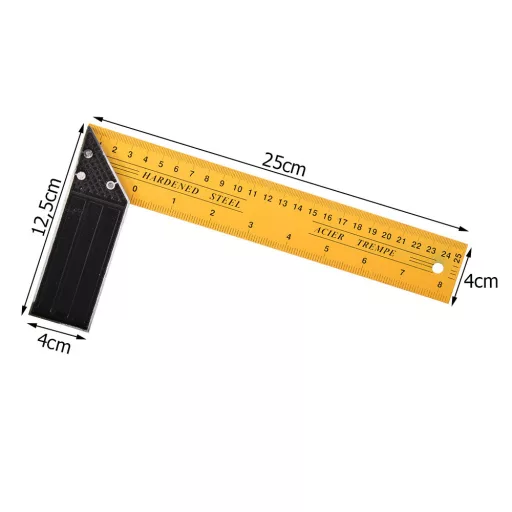 Fém derékszög 25 cm-es karokkal, milliméter beosztással, precíz méréshez
