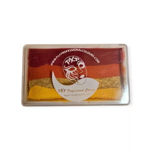 PXP Golden Flames csíkos arcfesték 28g-os kiszerelésben, intenzív piros, narancs, sárga és arany árnyalatokkal, tűz és sárkány tematikájú arcfestéshez