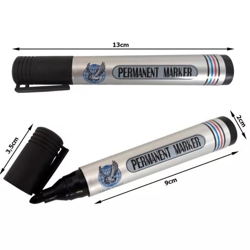 Fekete permanent marker, vízálló tinta, kerek hegy, alkalmas fémre, üvegre, műanyagra
