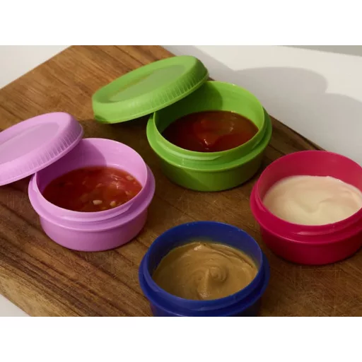 Szósz tároló doboz szett, dip tartó, 80ml, 8 darabos, légmentesen záródó fedél, uzsonnás doboz kiegészítő, piknik,