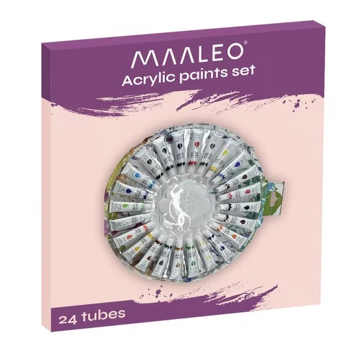 Maaleo 24 darabos, 12 ml-es tubusos akrilfesték készlet élénk színekkel, kezdő és haladó festőknek