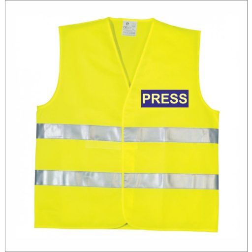 Láthatósági biztonsági mellény press vagy sajtó felirattal.