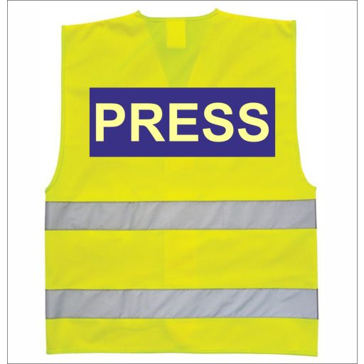 Láthatósági biztonsági mellény press vagy sajtó felirattal.