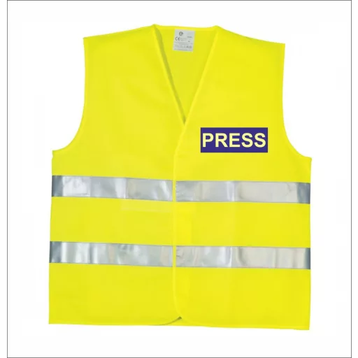 Láthatósági biztonsági mellény PRESS felirattal, sárga fényvisszaverő mellény sajtó munkatársaknak, újságíró azonosító mellény.