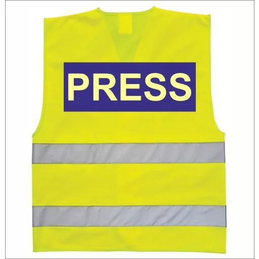 Láthatósági biztonsági mellény PRESS felirattal, sárga fényvisszaverő mellény sajtó munkatársaknak, újságíró azonosító mellény.