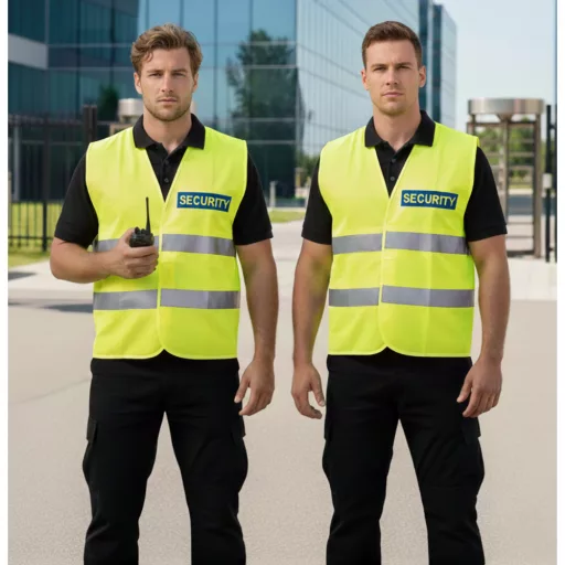 áthatósági mellény SECURITY felirattal, sárga biztonsági mellény vagyonőröknek, fényvisszaverő rendezvénybiztosító mellény.