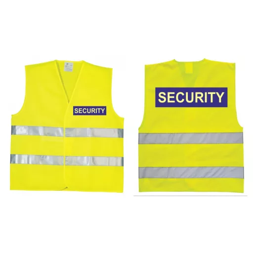 áthatósági mellény SECURITY felirattal, sárga biztonsági mellény vagyonőröknek, fényvisszaverő rendezvénybiztosító mellény.