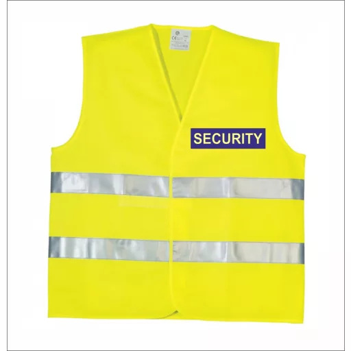 áthatósági mellény SECURITY felirattal, sárga biztonsági mellény vagyonőröknek, fényvisszaverő rendezvénybiztosító mellény.