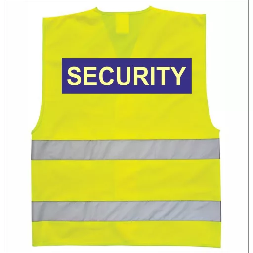 áthatósági mellény SECURITY felirattal, sárga biztonsági mellény vagyonőröknek, fényvisszaverő rendezvénybiztosító mellény.