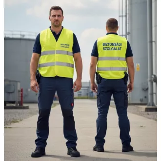 BIZTONSÁGI SZOLGÁLAT feliratú minősített neon sárga fényvisszaverő mellény