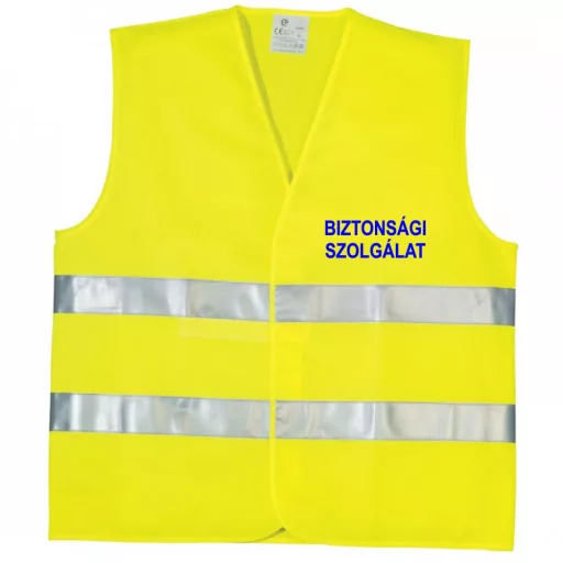 BIZTONSÁGI SZOLGÁLAT feliratú minősített neon sárga fényvisszaverő mellény