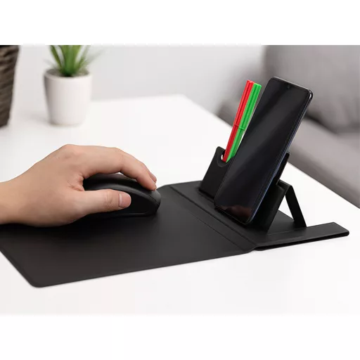Vezeték nélküli töltős egérpad, Qi indukciós telefon töltő, asztali rendező, tolltartó, minimalista design, irodai kiegészítő, home office