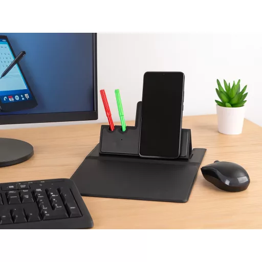 Vezeték nélküli töltős egérpad, Qi indukciós telefon töltő, asztali rendező, tolltartó, minimalista design, irodai kiegészítő, home office
