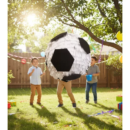 Klasszikus fekete-fehér focilabda alakú party pinata szülinapi zsúrra, bulikra.