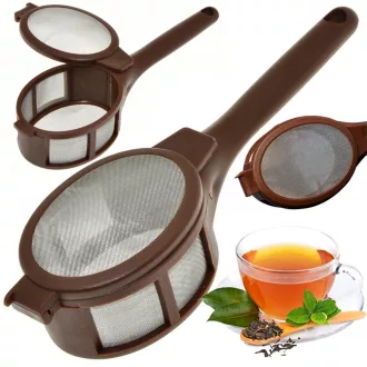 Alumínium teaszűrő kosár, hőálló műanyag fogantyúval, szálas tea és kávé főzéséhez.