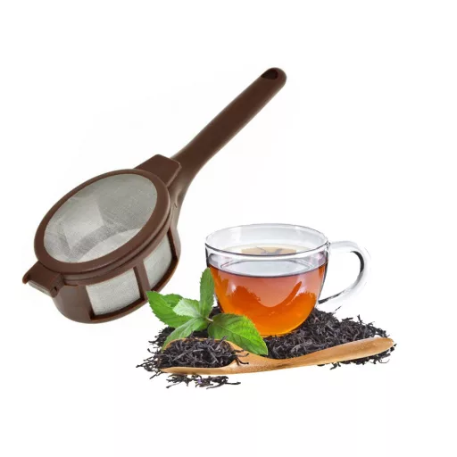 Alumínium teaszűrő kosár, hőálló műanyag fogantyúval, szálas tea és kávé főzéséhez.