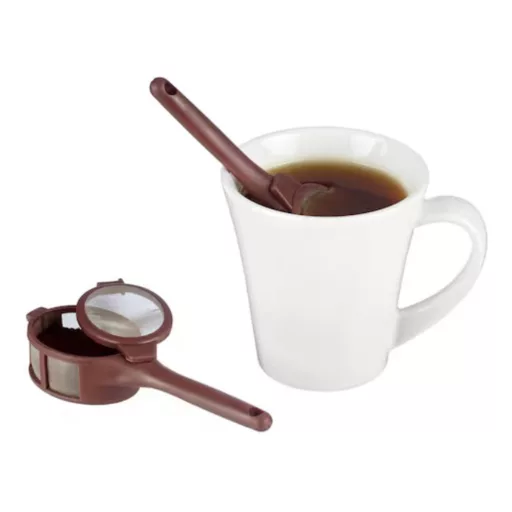 Alumínium teaszűrő kosár, hőálló műanyag fogantyúval, szálas tea és kávé főzéséhez.