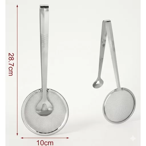 Rozsdamentes csipeszes konyhai szűrő 28,7 cm hosszú, 10 cm-es szűrőfejjel