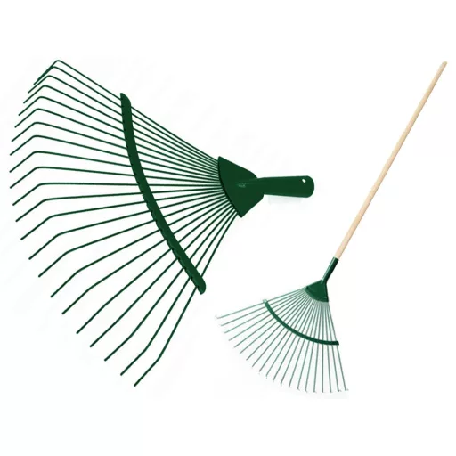 Zöld fém kerti lombgereblye 36 cm széles, legyező alakú fejjel
