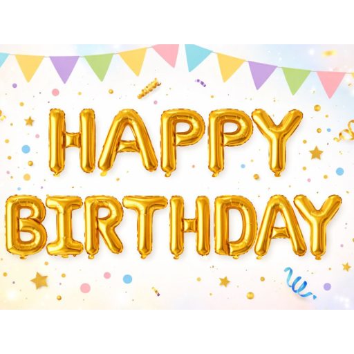 Arany Happy Birthday lufi felirat dekoráció