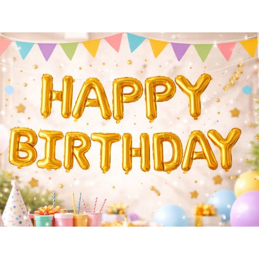 Arany Happy Birthday lufi felirat dekoráció