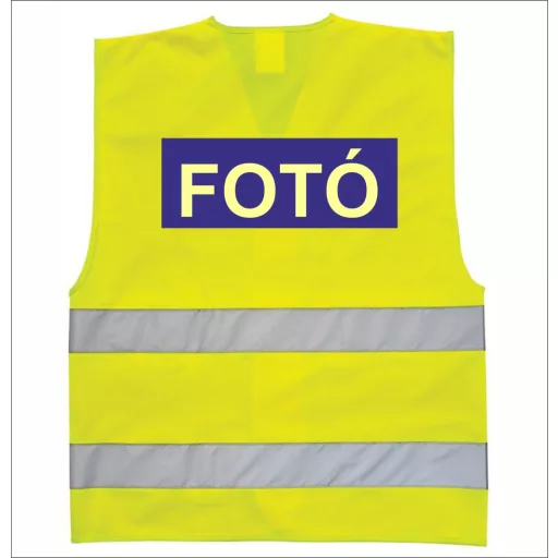 Láthatósági mellény FOTÓ és PHOTO felirattal, sárga fényvisszaverő fotós mellény, eseményfotós azonosító felszerelés,
