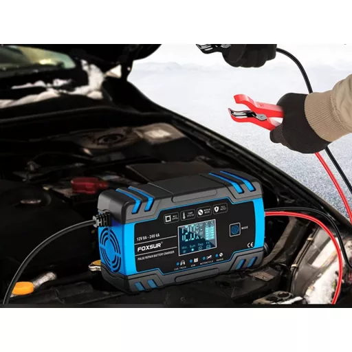 Intelligens automata akkumulátor töltő 12V 24V, mikroprocesszoros, akkumulátor javító funkció, deszulfátálás, AGM GEL támogatás, LCD kijelző