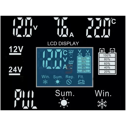 Intelligens automata akkumulátor töltő 12V 24V, mikroprocesszoros, akkumulátor javító funkció, deszulfátálás, AGM GEL támogatás, LCD kijelző
