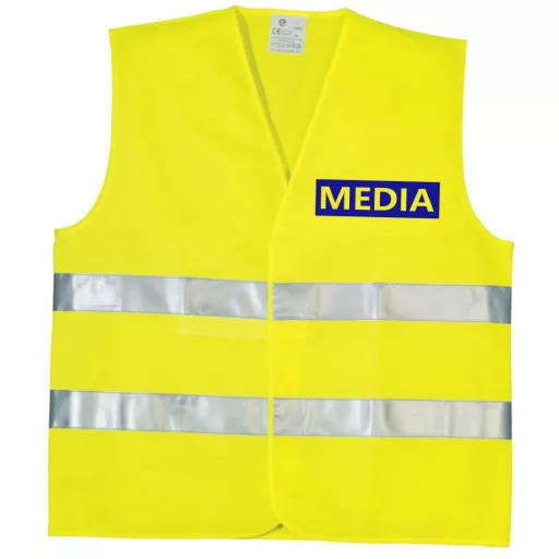 Média feliratú biztonsági mellény, neon sárga láthatósági mellény fényvisszaverő csíkokkal, sajtó és fotós azonosító mellény.