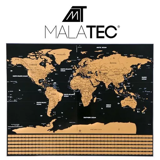 Malatec luxus kaparós világtérkép arany réteggel, országzászlókkal, kaparó eszközzel, nagyítóval, matricákkal és tokkal, komplett utazási szett