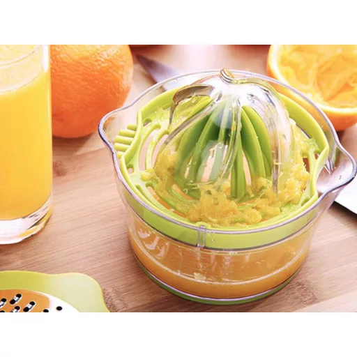 Kézi citrusfacsaró, 400 ml-es tartállyal, műanyag reszelővel, friss narancs- és citromlé készítéséhez.