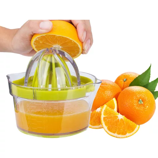 Kézi citrusfacsaró, 400 ml-es tartállyal, műanyag reszelővel, friss narancs- és citromlé készítéséhez.
