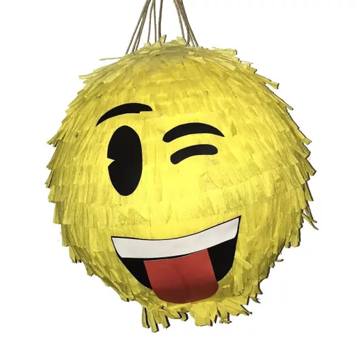 Mosolygó emoji mintás piñata, felakasztva, bulira